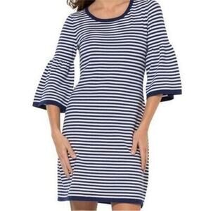 Sail to Sable Navy and White Striped Bell Sleeve Sweater Dress M